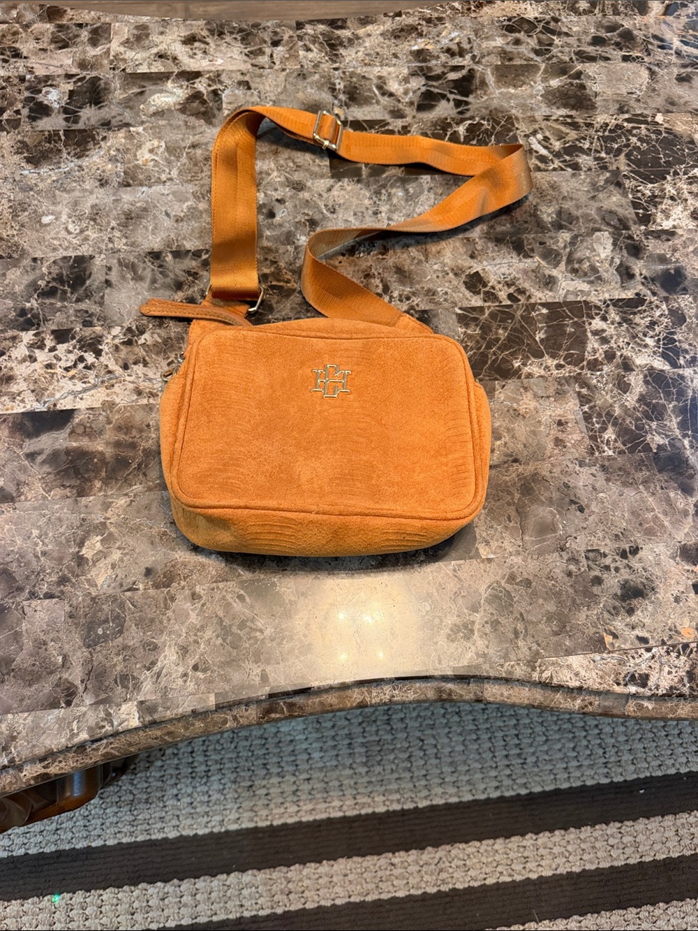 Suede Crossbody Bag with Gold 'H' Logo - Orange